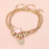 Fashnzfab 3pcs - Stone Paved Heart Ceramic Flower Charm Accent Beaded Multi Layered Bracelets In Multi
