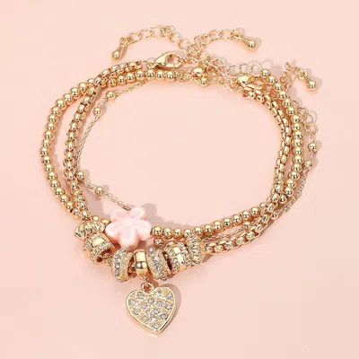 Fashnzfab 3pcs - Stone Paved Heart Ceramic Flower Charm Accent Beaded Multi Layered Bracelets