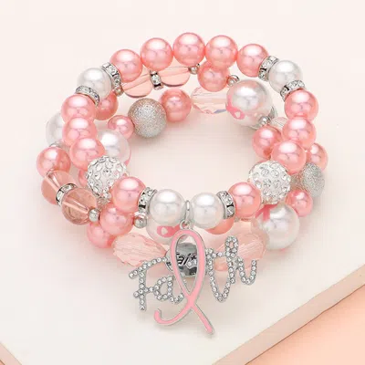 Fashnzfab 3pcs - Stone Paved Pink Ribbon Faith Message Charm Shamballa Ball Pointed Pearl Beaded Stretch Multi