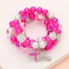 Fashnzfab 3pcs - Stone Paved Pink Ribbon Hope Message Charm Shamballa Ball Pointed Pearl Beaded Stretch Multi  In Pink