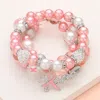 Fashnzfab 3pcs - Stone Paved Pink Ribbon Hope Message Charm Shamballa Ball Pointed Pearl Beaded Stretch Multi  In Multi