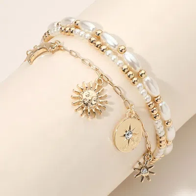 Fashnzfab 3pcs - Sun Star Crescent Charm Pearl Beaded Stretch Multi Layered Bracelets Gold
