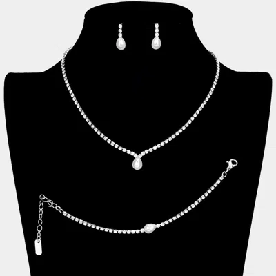 Fashnzfab 3pcs - Teardrop Pearl Accented Rhinestone Necklace Jewelry Set In Metallic