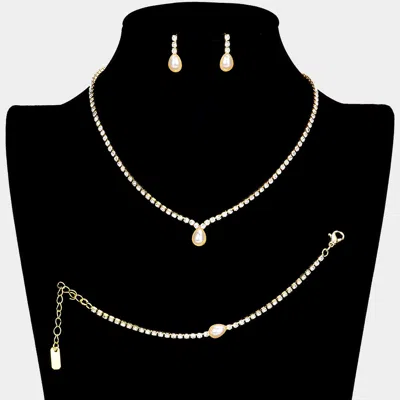 Fashnzfab 3pcs - Teardrop Pearl Accented Rhinestone Necklace Jewelry Set In White