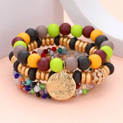 Fashnzfab 3pcs - Textured Metal Disc Charm Wood Faceted Beaded Stretch Bracelets Multi