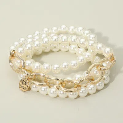 Fashnzfab 3pcs - Textured Metal Link Medal Charm Pearl Beaded Stretch Multi Layered Bracelets In White