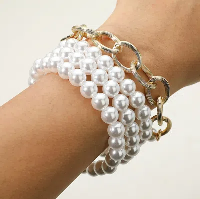Fashnzfab 3pcs - Textured Metal Link Medal Charm Pearl Beaded Stretch Multi Layered Bracelets In White