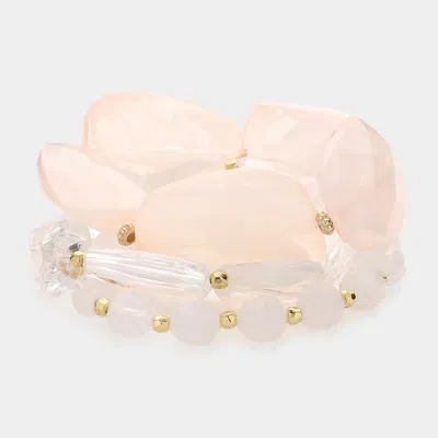 Fashnzfab 3pcs - Tiered Resin Pebble Beaded Stretch Bracelets Ivory In Pink