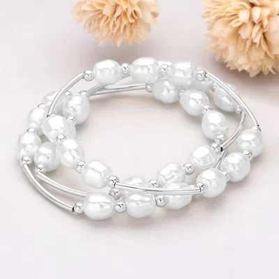Fashnzfab 3pcs - Triple Freshwater Pearl Beaded Station Stretch Multi Layered Bracelets