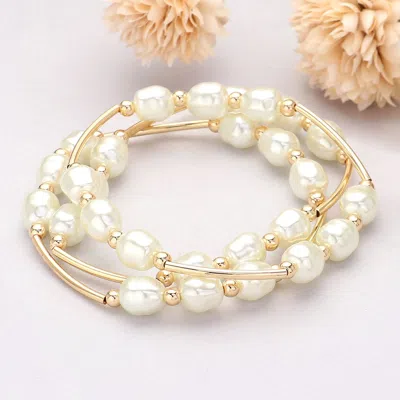 Fashnzfab 3pcs - Triple Freshwater Pearl Beaded Station Stretch Multi Layered Bracelets Cream, Gold
