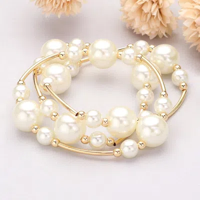 Fashnzfab 3pcs - Triple Pearl Ball Beaded Station Stretch Multi Layered Bracelets Cream, Gold