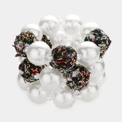 Fashnzfab 3pcs - Tweed Fabric Ball Pearl Stretch Bracelets In Black