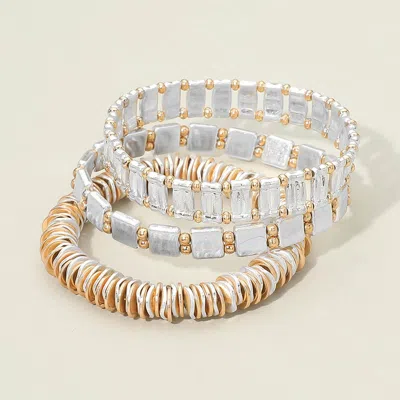 Fashnzfab 3pcs - Two Tone Metal Various Beaded Stretch Multi Layered Bracelets In Gold