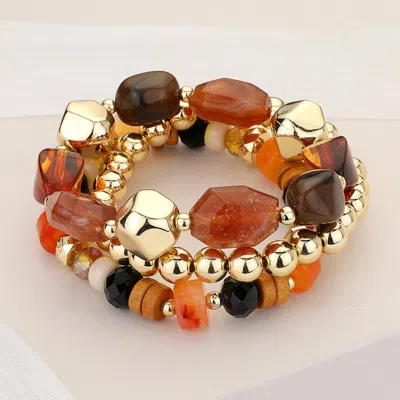 Fashnzfab 3pcs - Various Beads Beaded Stretch Multi Layered Bracelets Brown, Gold