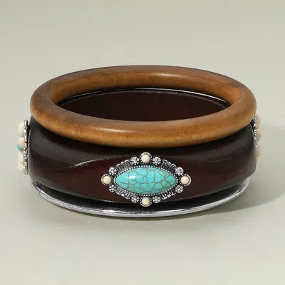 Fashnzfab 3pcs - Western Oval Turquoise Stone Accent Stackable Wooden Bangle Multi Layered Bracelets In Brown