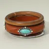Fashnzfab 3pcs - Western Oval Turquoise Stone Accent Stackable Wooden Bangle Multi Layered Bracelets In Brown