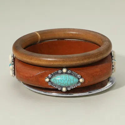 Fashnzfab 3pcs - Western Oval Turquoise Stone Accent Stackable Wooden Bangle Multi Layered Bracelets In Brown
