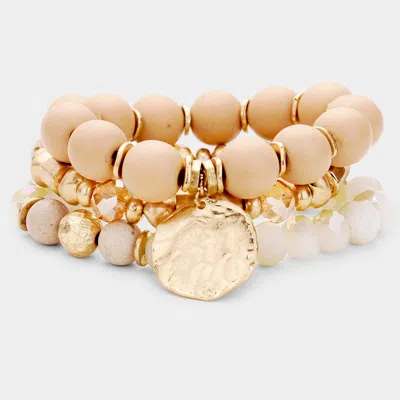 Fashnzfab 3pcs - Wood Ball Multi Bead Charm Layered Stretch Bracelets