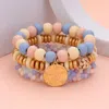 Fashnzfab 3pcs - Wood Faceted Beaded Hammered Metal Disc Charm Stretch Multi Layered Bracelets Light Blue, Mul In Multi
