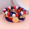 Fashnzfab 3pcs - Textured Metal Disc Charm Wood Faceted Beaded Stretch Bracelets In Multi