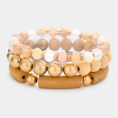 Fashnzfab 3pcs - Wood Faceted Beaded Stretch Bracelets Neutral In Sand