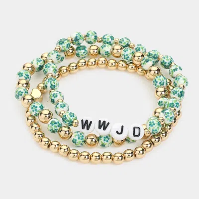 Fashnzfab 3pcs - Wwjd Message Beaded Stretch Multi Layered Bracelets Gold, Green