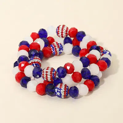 Fashnzfab 3pcs - American Usa Flag Shamballa Ball Faceted Beaded Stretch Multi Layered Bracelets