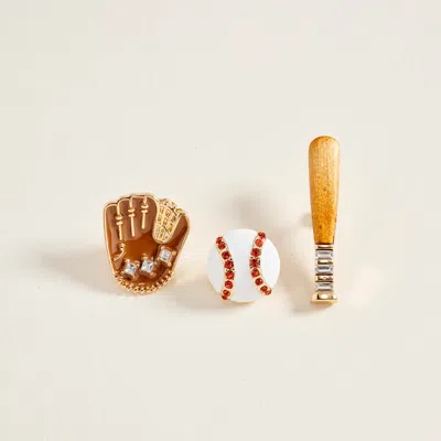 Fashnzfab 3pcs - Baseball Glove Bat Pin Brooch Set In Multi