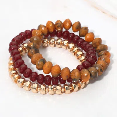 Fashnzfab 3pcs - Beaded Stackable Stretch Multi Layered Bracelets - Brown In Red