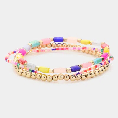 Fashnzfab 3pcs - Beads Multi Layered Stretch Bracelets In Pink