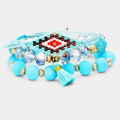 Fashnzfab 3pcs - Boho Bead Wood Bead Stretch Layered Tassel Bracelets Turquoise, Worn Gold In Blue
