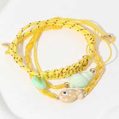 Fashnzfab 3pcs - Ceramic Fish Puka Shell Miter Shell Charm Beaded Braided Cinch Pull Tie Bracelets Gold, Yello In Green