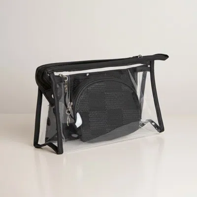 Fashnzfab 3pcs - Checkered Clear Travel Cosmetic Pouch Bag Set In Black