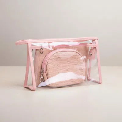Fashnzfab 3pcs - Checkered Clear Travel Cosmetic Pouch Bag Set In Pink