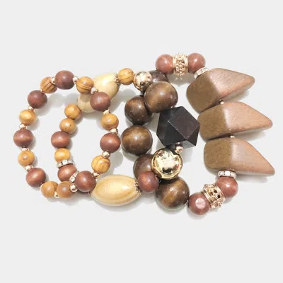 Fashnzfab 3pcs - Chunky Wood Stretch Bracelets In Brown