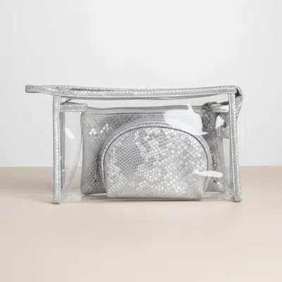 Fashnzfab 3pcs - Clear Travel Cosmetic Pouch Bag Set In Silver
