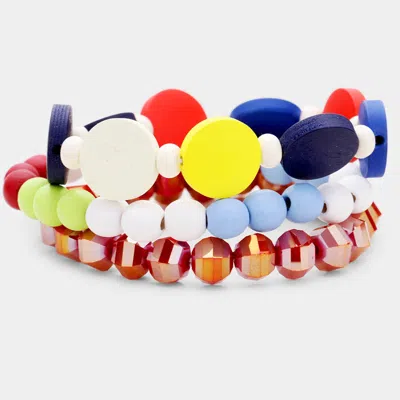 Fashnzfab 3pcs - Colorful Wood Faceted Bead Stretch Layered Bracelets Multi, Red In Pink