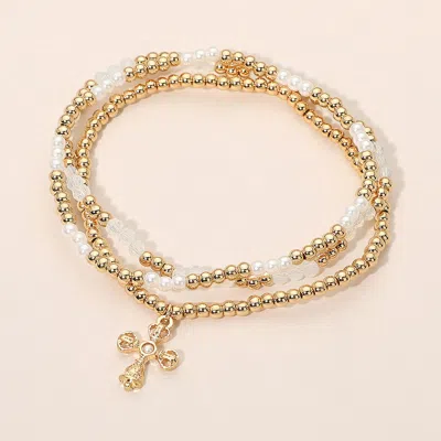 Fashnzfab 3pcs - Cross Charm Metal Ball Pearl Faceted Beaded Stretch Multi Layered Bracelets
