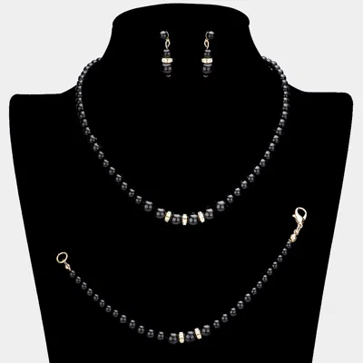 Fashnzfab 3pcs Crystal Detail Pearl Necklace Jewelry Set In Black