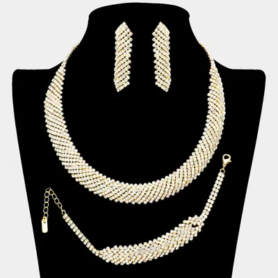 Fashnzfab 3pcs Curved Rhinestone Necklace Jewelry Set In Gold