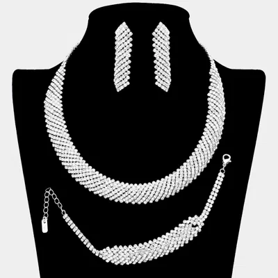 Fashnzfab 3pcs Curved Rhinestone Necklace Jewelry Set In Silver