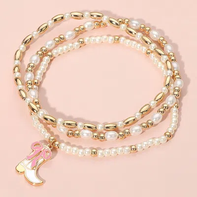 Fashnzfab 3pcs - Enamel Bow Cowboy Boot Pearl Beaded Multi Layered Bracelet In Gold