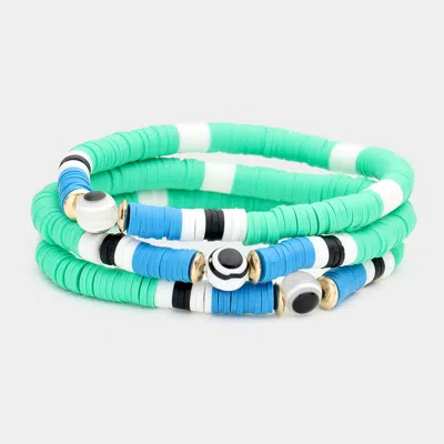 Fashnzfab 3pcs - Evil Eye Accented Heishi Beaded Stretch Bracelets In Green
