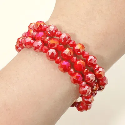 Fashnzfab 3pcs - Faceted Beaded Stretch Multi Layered Bracelets In Red