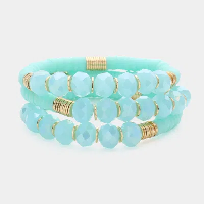 Fashnzfab 3pcs - Faceted Beads Heishi Beaded Multi Layered Bracelets Mint In Blue