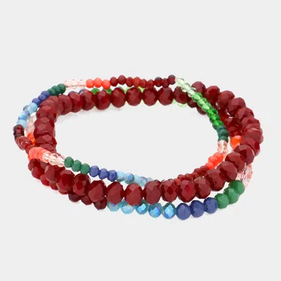 Fashnzfab 3pcs - Faceted Beads Multi Layered Bracelets In Red