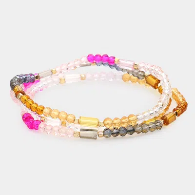 Fashnzfab 3pcs - Faceted Rectangle Beaded Stretch Bracelets Multi, White In Pink