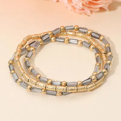 Fashnzfab 3pcs - Faceted Tube Beaded Stretch Multi Layered Bracelets - Black Diamond In Gold