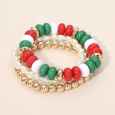 Fashnzfab 3pcs - Flat Resin Metal Ball Pearl Beaded Stretch Double Layered Bracelets In Multi