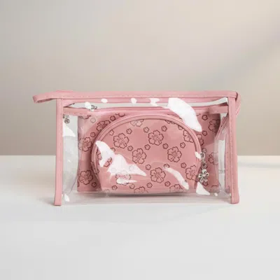 Fashnzfab 3pcs - Floral Clear Travel Cosmetic Pouch Bag Set In Pink